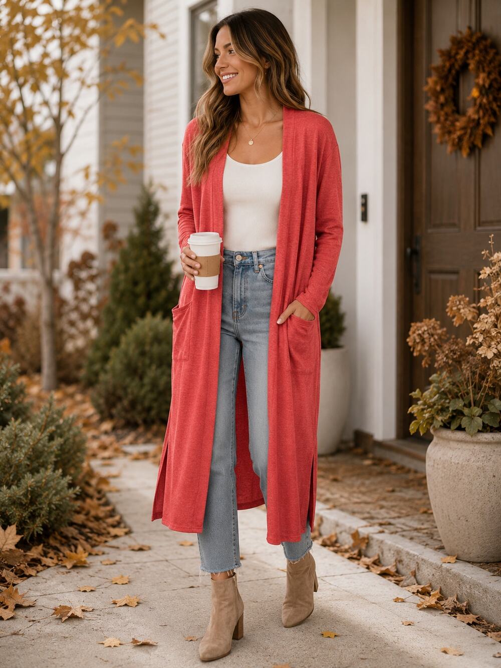 Rust Red/Orange Long Sleeve Full Length Cardigan Size Large